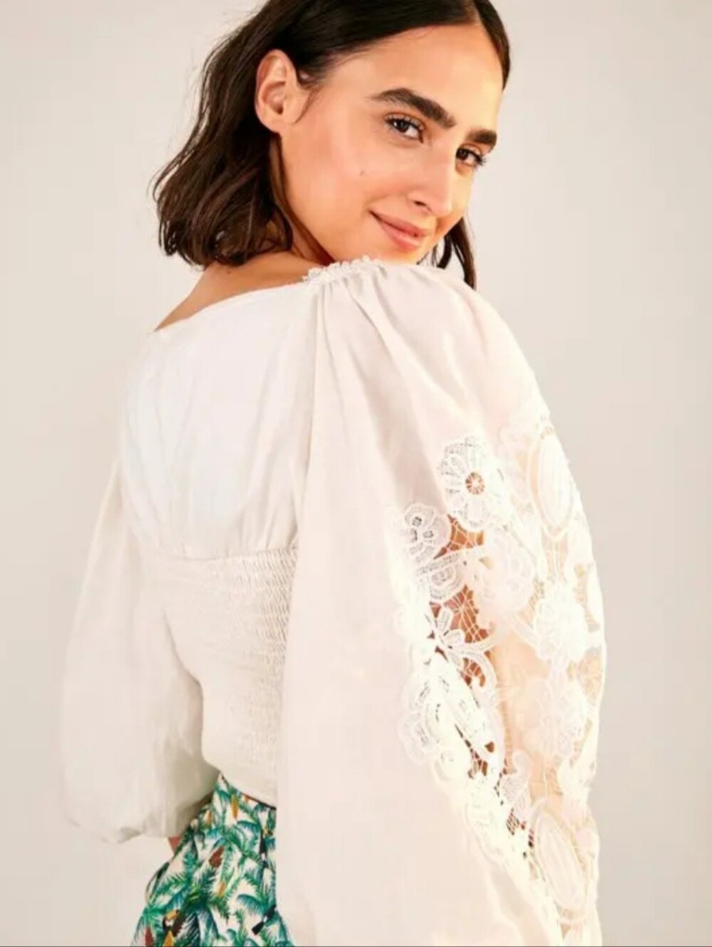 FARM Rio Ivory Lace-Insert Square Neck Puff Sleeve Top - Picture 2 of 3
